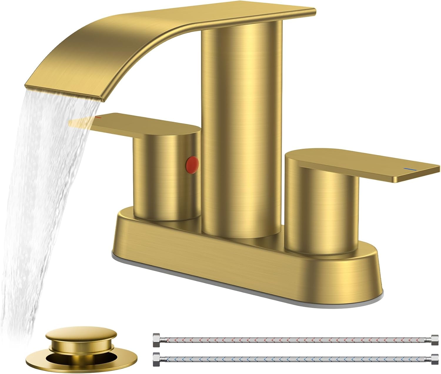 Brushed Gold Bathroom Sink Faucet, Waterfall 4 Inch Centerset Bathroom Faucets with Metal Pop up Drain and cUPC Hose for Basin,Vanity, Rv, Lavatory 2 or 3 Hole Sink