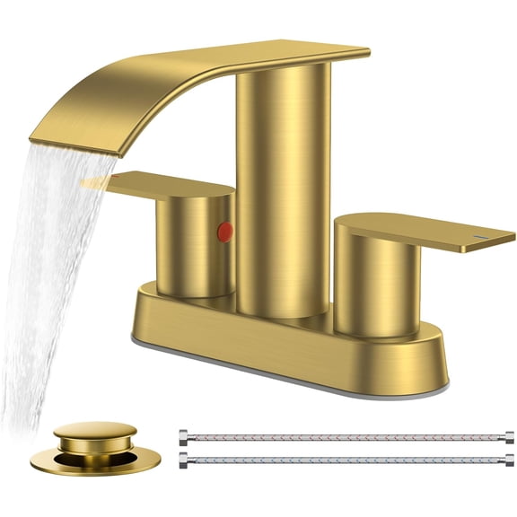 Brushed Gold Bathroom Sink Faucet, Waterfall 4 Inch Centerset Bathroom Faucets with Metal Pop up Drain and cUPC Hose for Basin,Vanity, Rv, Lavatory 2 or 3 Hole Sink
