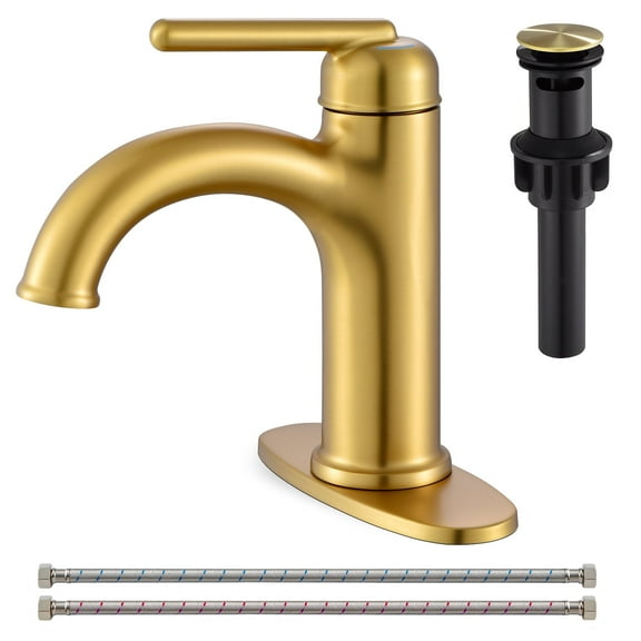 Wowkk Bathroom Faucet Brushed Gold Bathroom Sink Faucets Single Handle Vanity Faucet Pop-Up Drain Included, Modern RV Faucet with Water Supply Line and Deck Mount 1 Hole or 3 Hole