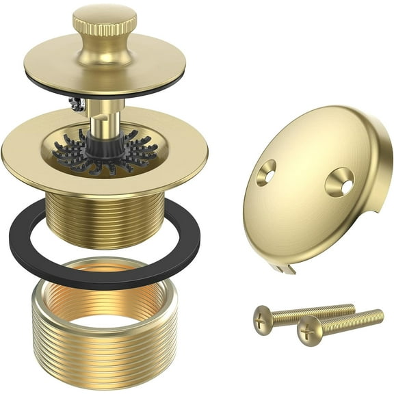 Brushed Gold Bathtub Drain Bath Tub Trim Set Conversion Kit Assembly, All Brass Lift and Turn Twist Tub Drains Replacement Trim Kit with Two-Hole Overflow Faceplate