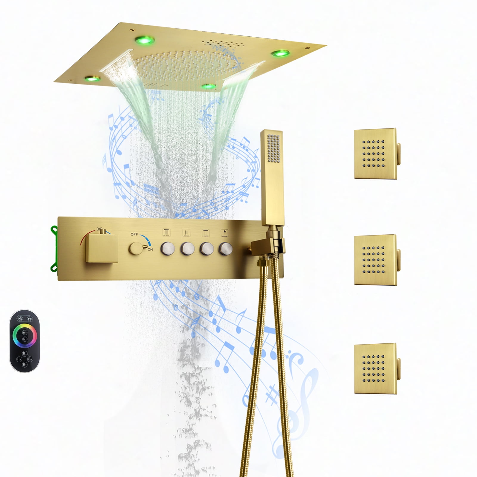 Brushed Gold LED Rainfall Shower System with Bluetooth Speaker