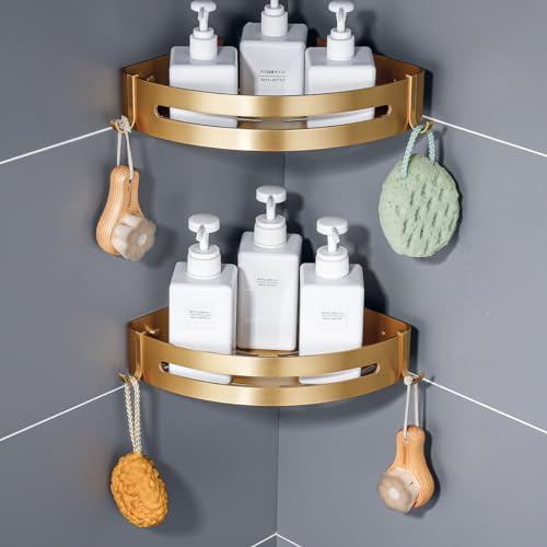 Brushed Gold Metal Corner Shower Caddy with Suction Mount, 2-Pack