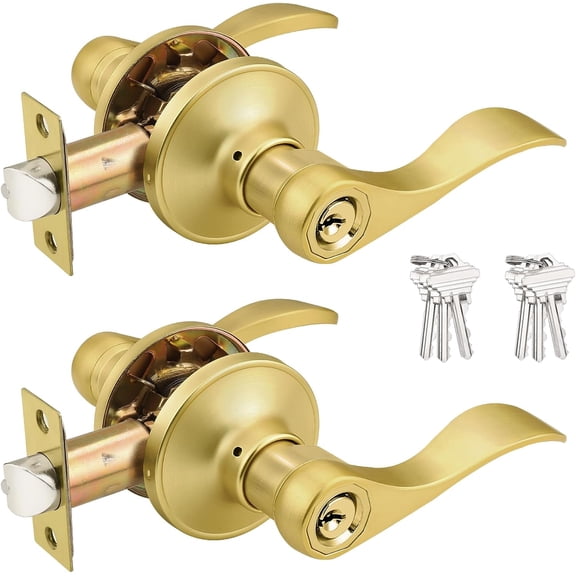 Brushed Gold Door Handles Front Exterior Door Handles with Lock and Keys, Keyed Alike Gold Entry Door Lever Wave Style Reversible, 2 Pack