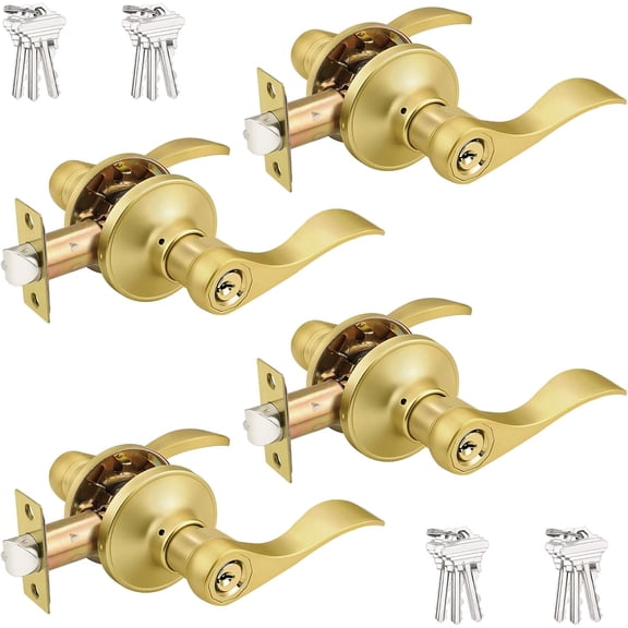 Brushed Gold Door Handles Front Exterior Door Handles with Lock and Keys, Keyed Alike Gold Entry Door Lever Wave Style Reversible, 4 Pack