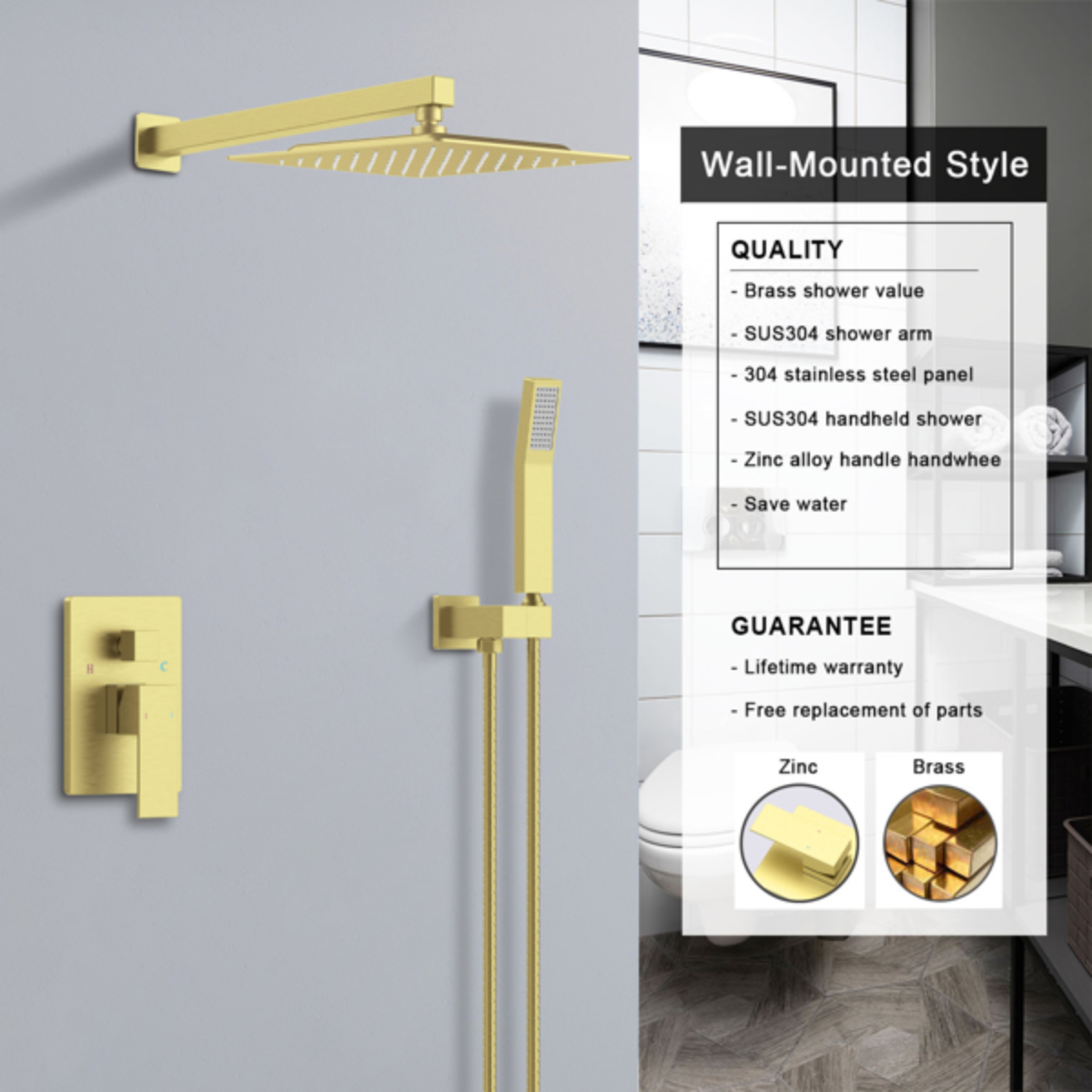 Brushed Gold Finish Shower System Combo Set Wall Mounted with 10