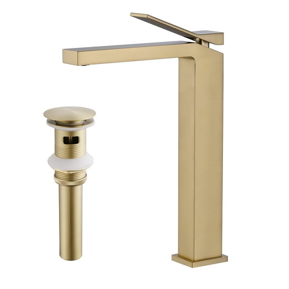 Brushed Gold High Arc Bathroom Vessel Sink Faucet, Single Handle Deck Mounted Sink Faucet with 6-inch Cover Plate