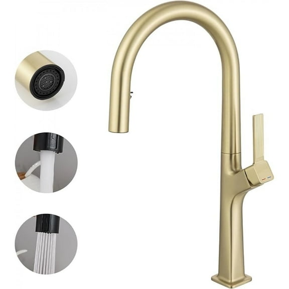 Brushed Gold Kitchen Faucet with Pull-Down Sprayer, Modern High Arc Brass Single Handle Faucet Fits 1 Hole Kitchen Sinks, 2 Flow Modes