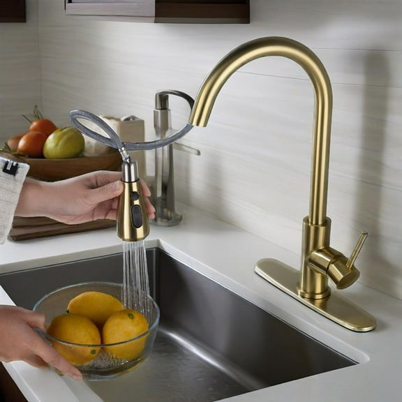 Brushed Gold Kitchen Faucet with Pull Down Sprayer, Single Handle High Arc Swivel Sink Faucet, Stainless Steel Modern Mixer Tap with Deck Plate, 3 Water Modes for Farmhouse, RV, or Bar Sink