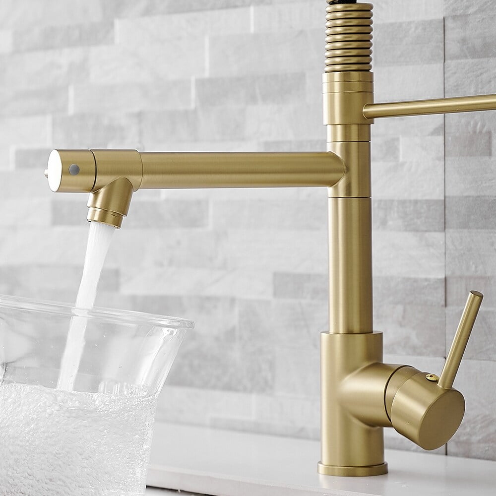 Brushed Gold Stainless Steel Kitchen Faucet with Pull-Down Sprayer