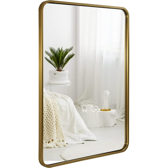 Brushed Gold Mirrors for Bathroom, 24x36’’ Rounded Rectangle Mirror, Modern Brass Bathroom Vanity Mirror Non-Rusting Metal Tube Framed 1’’ Deep Wall-Mounted Mirrors Vertical/Horizontal
