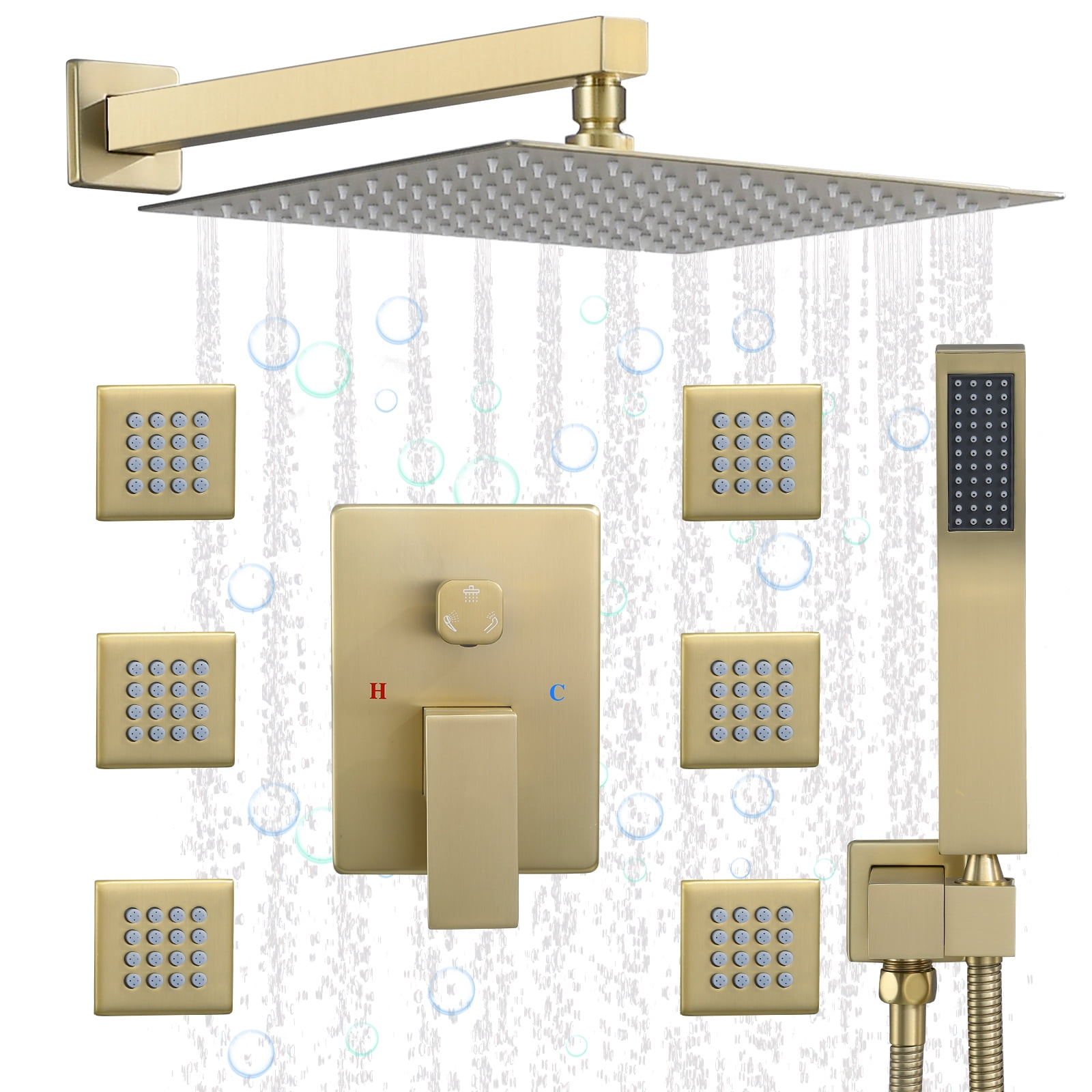 Brushed Gold Rain Shower System with 6 Body Shower Jets, Shower Jets