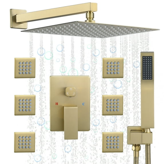 Brushed Gold Rain Shower System with 6 Body Shower Jets, Shower Jets System with Wall Mount 12'' Rain Shower with Hand Shower Full Body Shower Faucet with Jets
