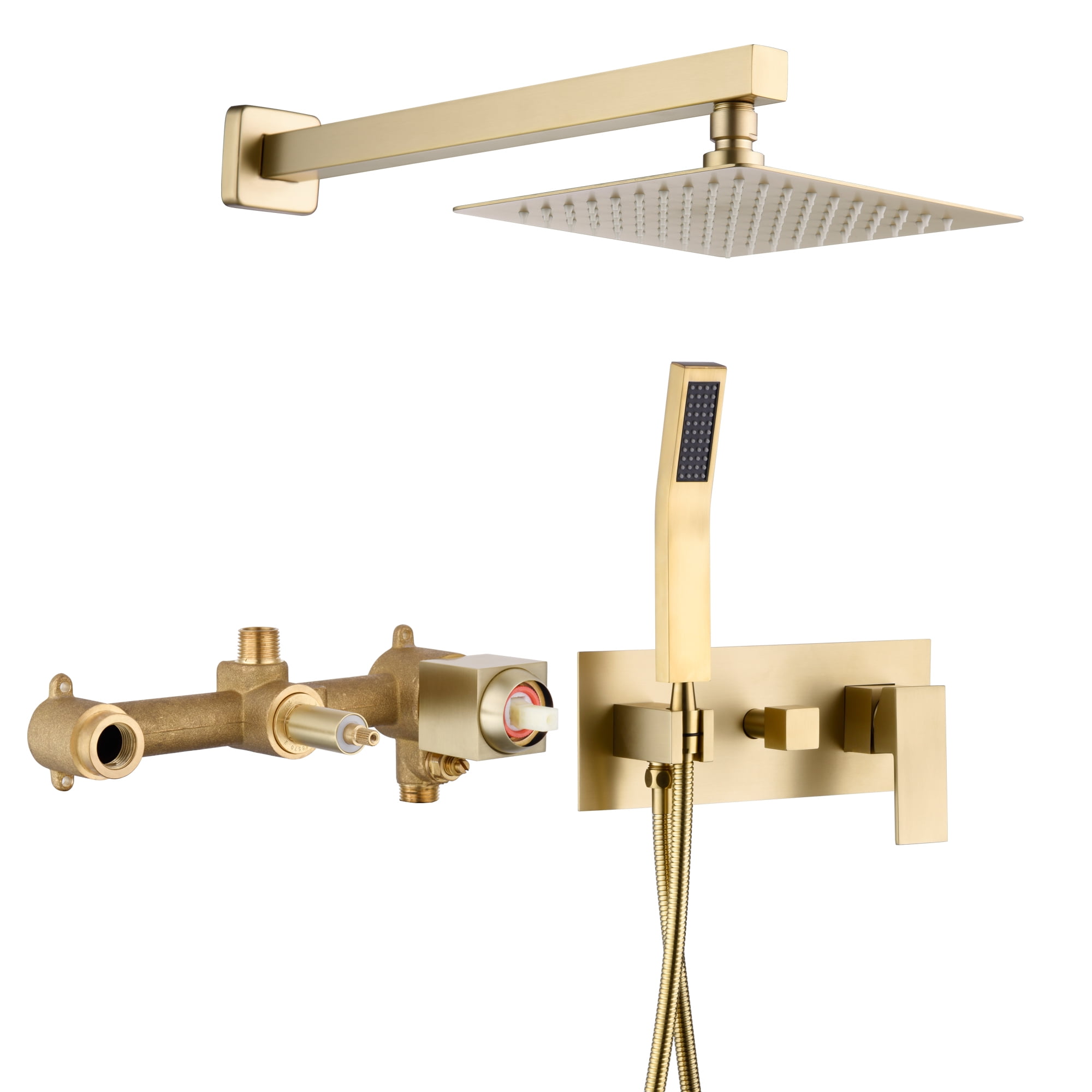 Brushed Gold Rain Shower System With Handheld Shower And Pressure