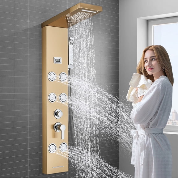 Brushed Gold Rain Waterfall Shower Panel Tower System Body Massage Jets Faucet