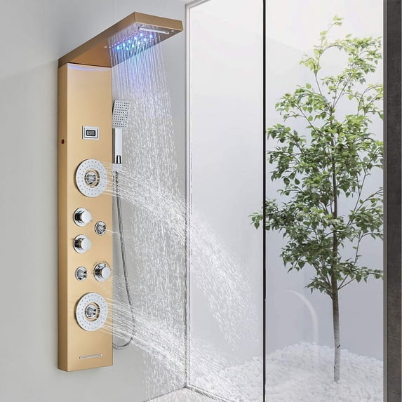 Brushed Gold Rainfall Shower Panel with LED Shower Faucet System Stainless Steel with Hand Shower Tub Shower Wall Mounted