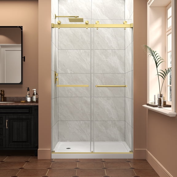 Brushed Gold Reversible Sliding Shower Door - 43-48 x 76 Frameless Glass Door