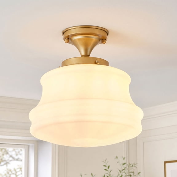 Brushed Gold Semi Flush Mount Ceiling Light, Matte White Glass Shade Close-to-Ceiling Fixture, for Bedroom , Hallway & Bathroo