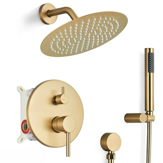 Brushed Gold Shower Faucet with Valve 8" Round Rain Shower Head Combo Set System
