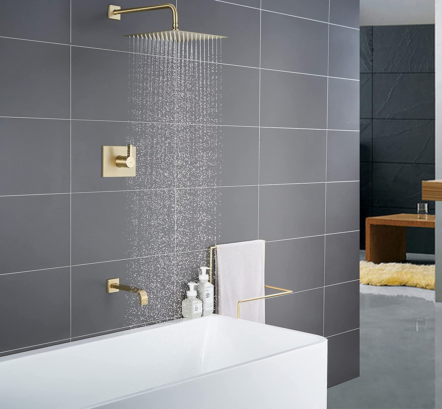 Brushed Gold Shower Fixtues, Tub and Shower Faucet Set Combo with 12