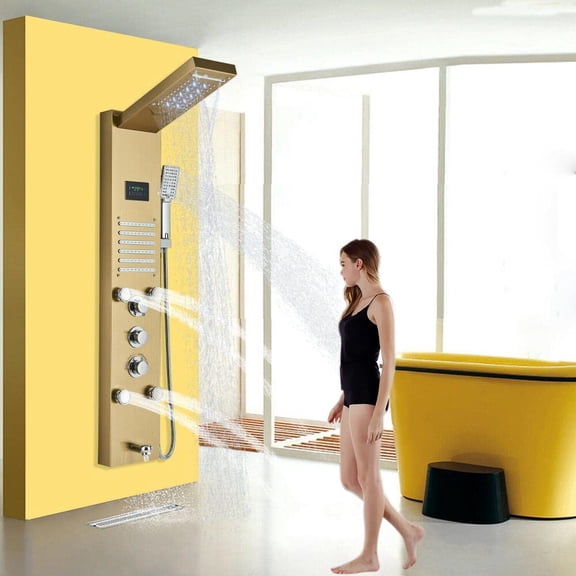 Brushed Gold Shower Panel Tower System Massage Body Jets With Tub Filler Faucet
