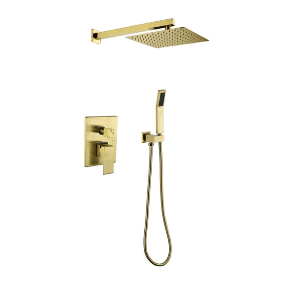 Brushed Gold Shower System, Bathroom 10 Inches Rain Shower Head With Handheld Combo Set, Wall Mounted High Pressure Rainfall Dual Shower Head System, Shower Faucet Set With Valve And Trim A01-01