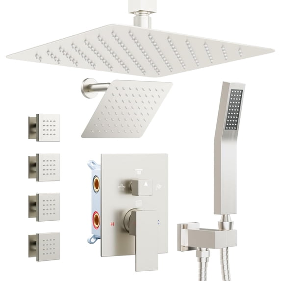 Brushed Gold Shower System Ceiling Mount Shower Set Wall Mount Rainfall Showerhead with Handheld Functions -Pressure Spray Dual Rain Shower Faucet Set with Valve Complete