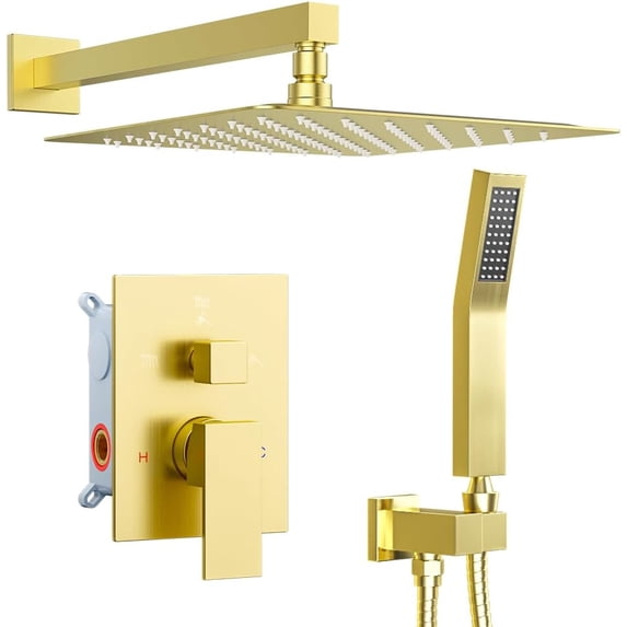 Brushed Gold Shower System Ceiling Mount Shower Set Wall Mount Rainfall Showerhead with Handheld Functions -Pressure Spray Dual Rain Shower Faucet Set with Valve Complete
