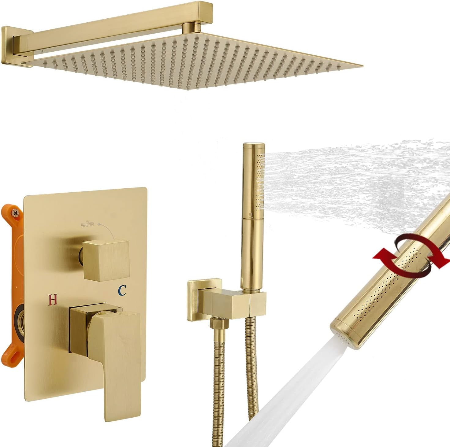 Brushed Gold Shower System with 12 Inch Rainfall Shower Head and Handheld Wall Mounted, High Pressure Combo Set with 2 in 1 Handheld