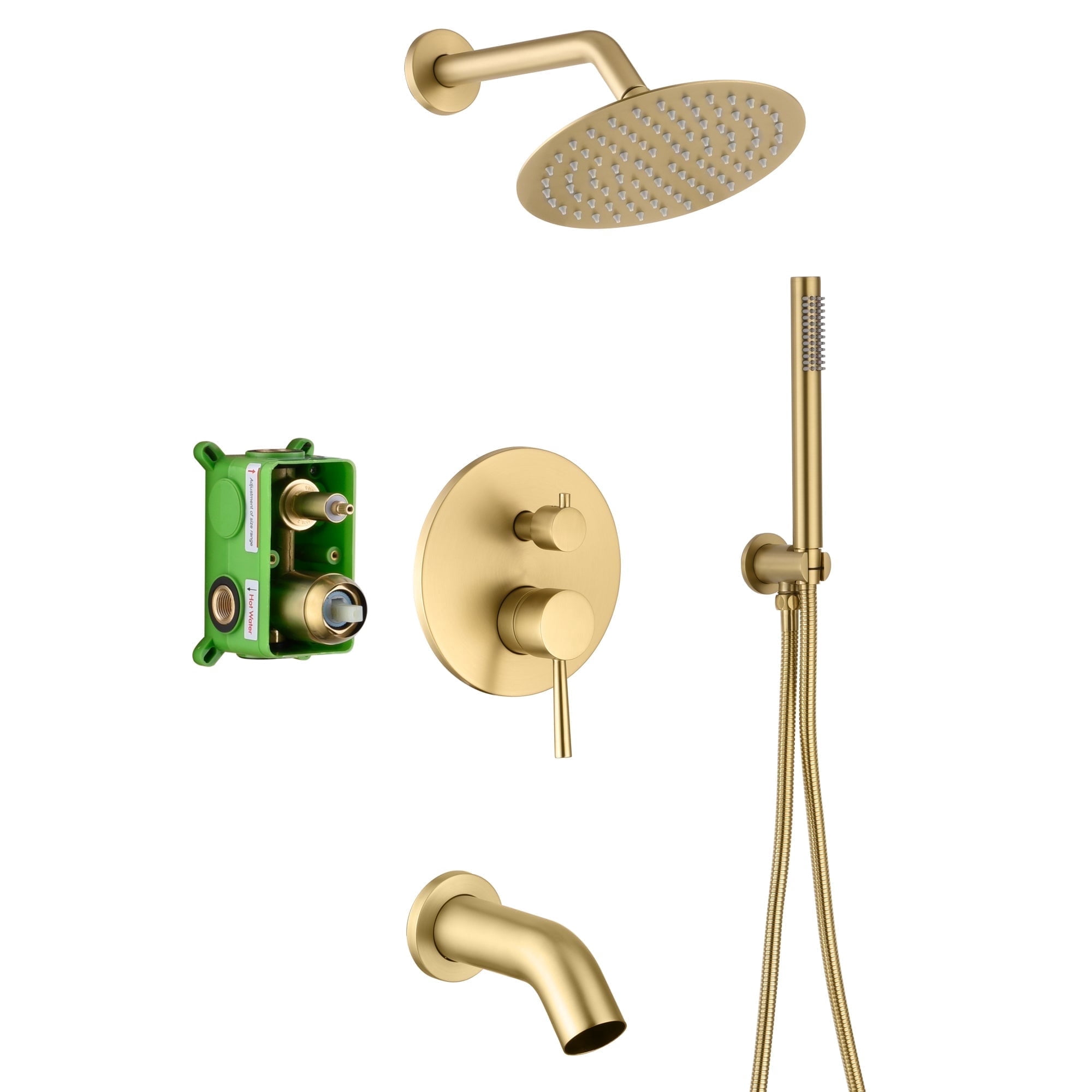 SUMERAIN Shower System with Tub Spout and Handheld Shower, Brass Rain Shower Tub Set with 8 Inches Shower Head and Rough in Valve Brushed Gold