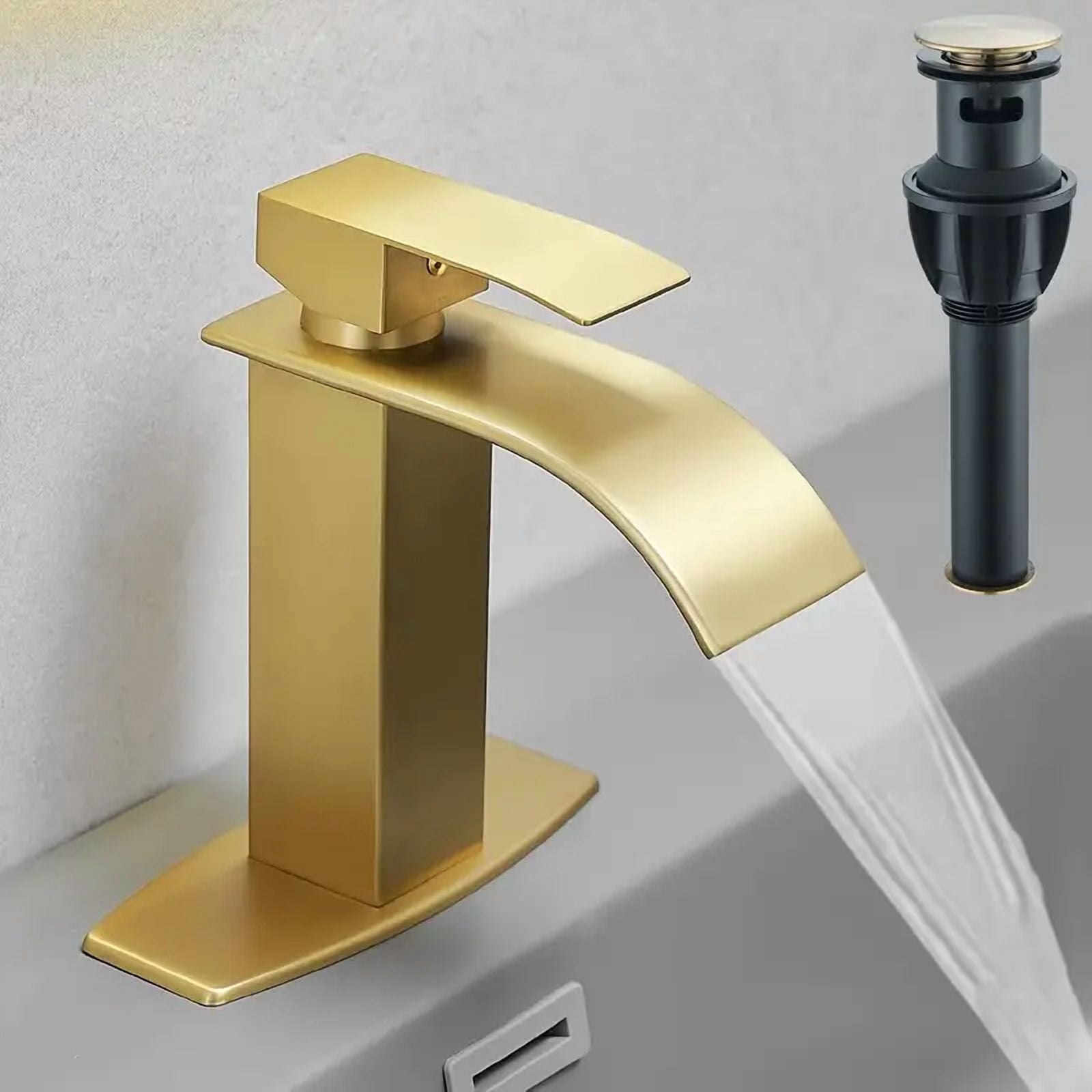 Brushed Gold Single Handle Bathroom Sink Faucet Waterfall Vanity Mixer w/Drain