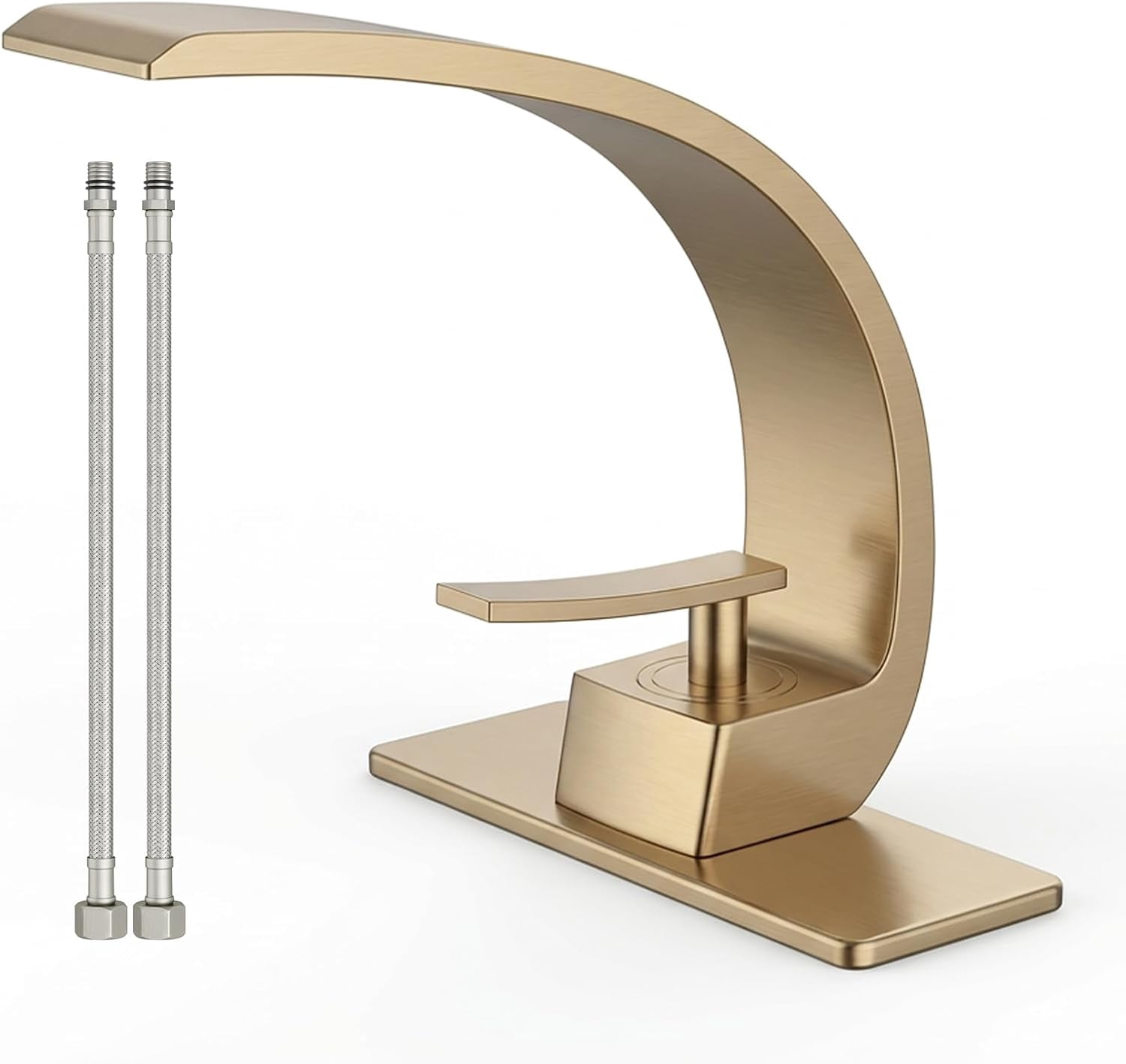 Brushed Gold Single Hole Bathroom Faucet with Deck Plate，for 1 or 3 Hole Sink Installation, Solid Brass Single Handle Vanity Faucet for RV, Farmhouse, Commercial