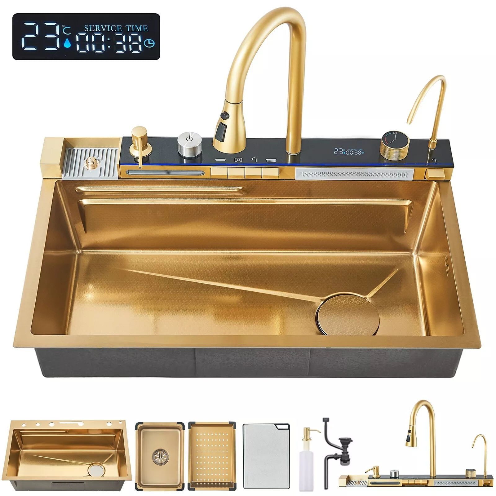 Brushed Gold Stainless Steel 30" Drop In Kitchen Sink Top Mount Single Bowl w/Kitchen Facuet