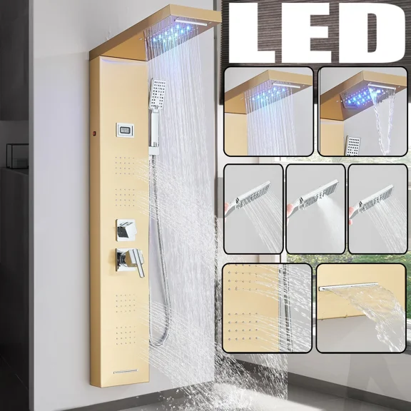 Brushed Gold Stainless Steel LED Rainfall Waterfall Shower Panel Tower System Massage Jets