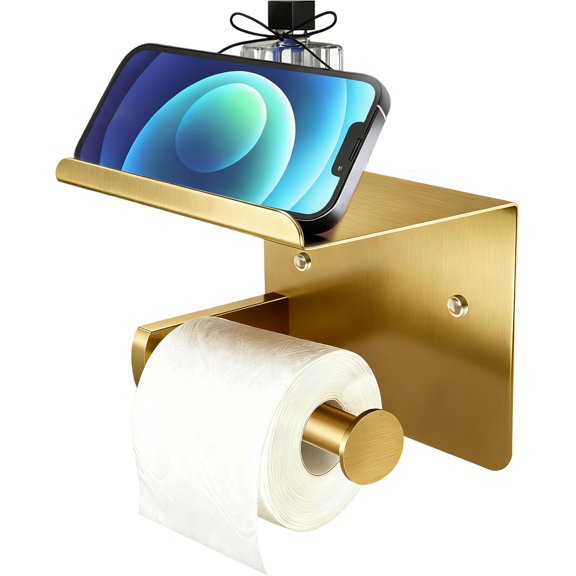 Brushed Gold Toilet Paper Holder with Shelf, SUS304 Stainless Steel Rustproof Wall Mount Toilet Paper Roll Holder, Screw Bathroom Toilet Paper Holder for Kitchen, Washroom, RV