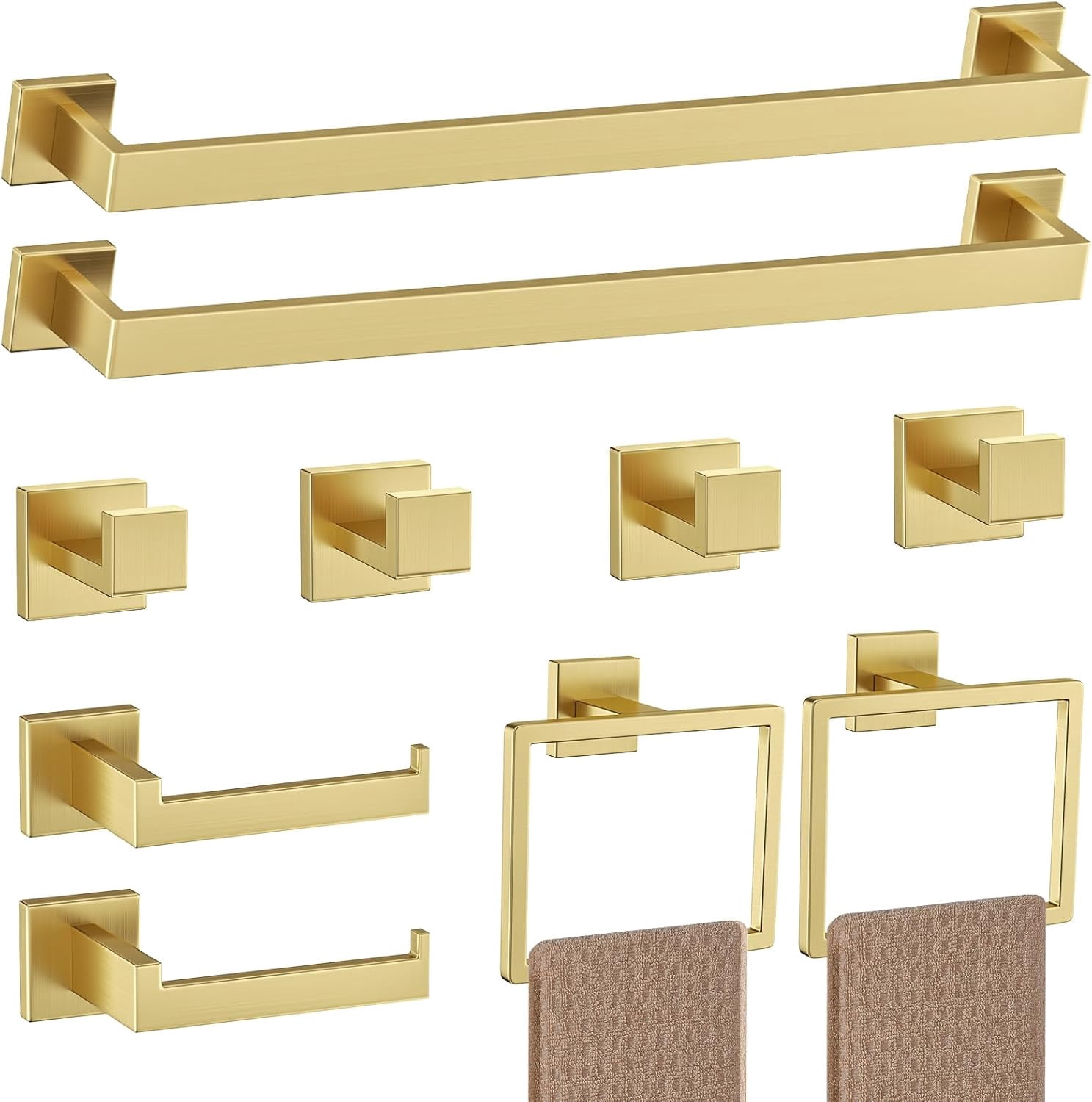 Woekme 5-Piece Brushed Gold Towel Bar Set – Square Stainless Steel Bathroom Hardware, Screw-In Mount