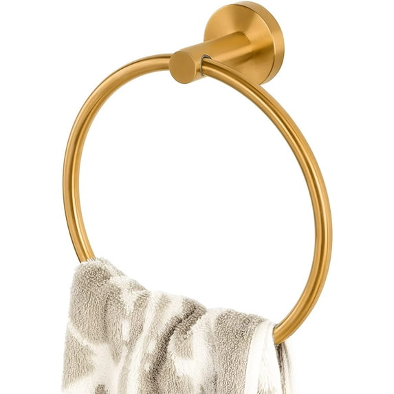 Brushed Gold Towel Ring for Bathroom, SUS304 Stainless Steel Hand Towel Holder Wall Mounted, Modern Simple Round Kitchen Hand Towel Ring with Hardware Accessories