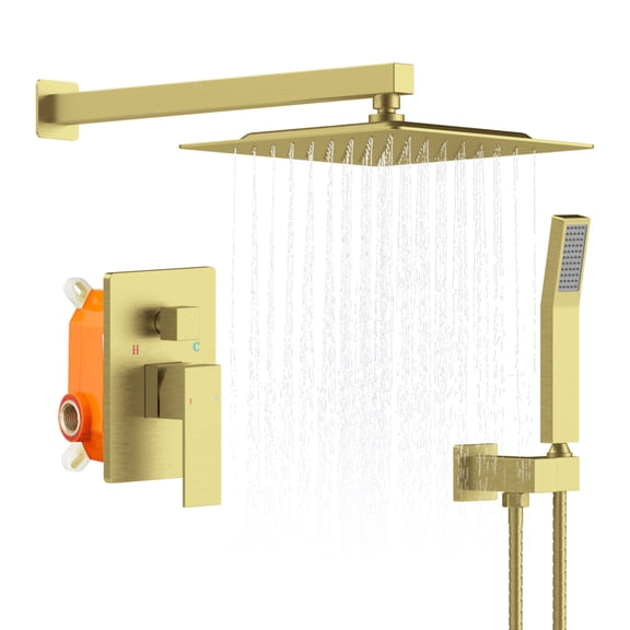 Brushed Gold Wall Mount Shower Faucet Combo Kit, 12 Inch SUS304 Rain Shower System with Solid Brass Mixing Valve & L-Style Handheld Spray