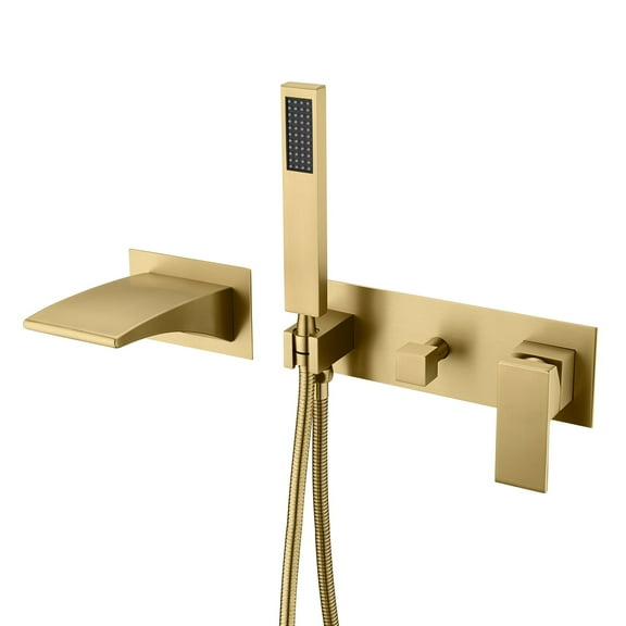 Brushed Gold Wall Mount Tub Faucet with Hand Shower, Waterfall Spout with Sprayer and Valve Sumerain