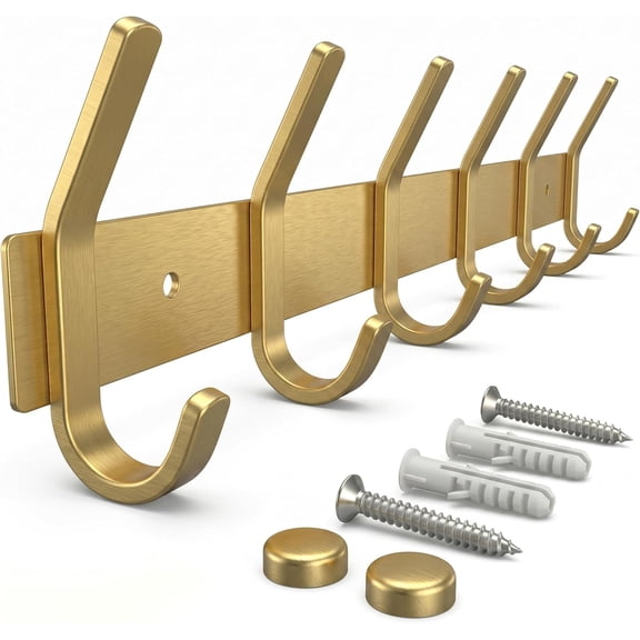 Brushed Gold Wall Mounted Coat Rack 17 Inch Stainless Steel Rail with 6 Double Coat Hooks for Entryway, Bathroom, Bedroom, Kitchen Modern Gold Hook Rack for Coats, Hats, Towels