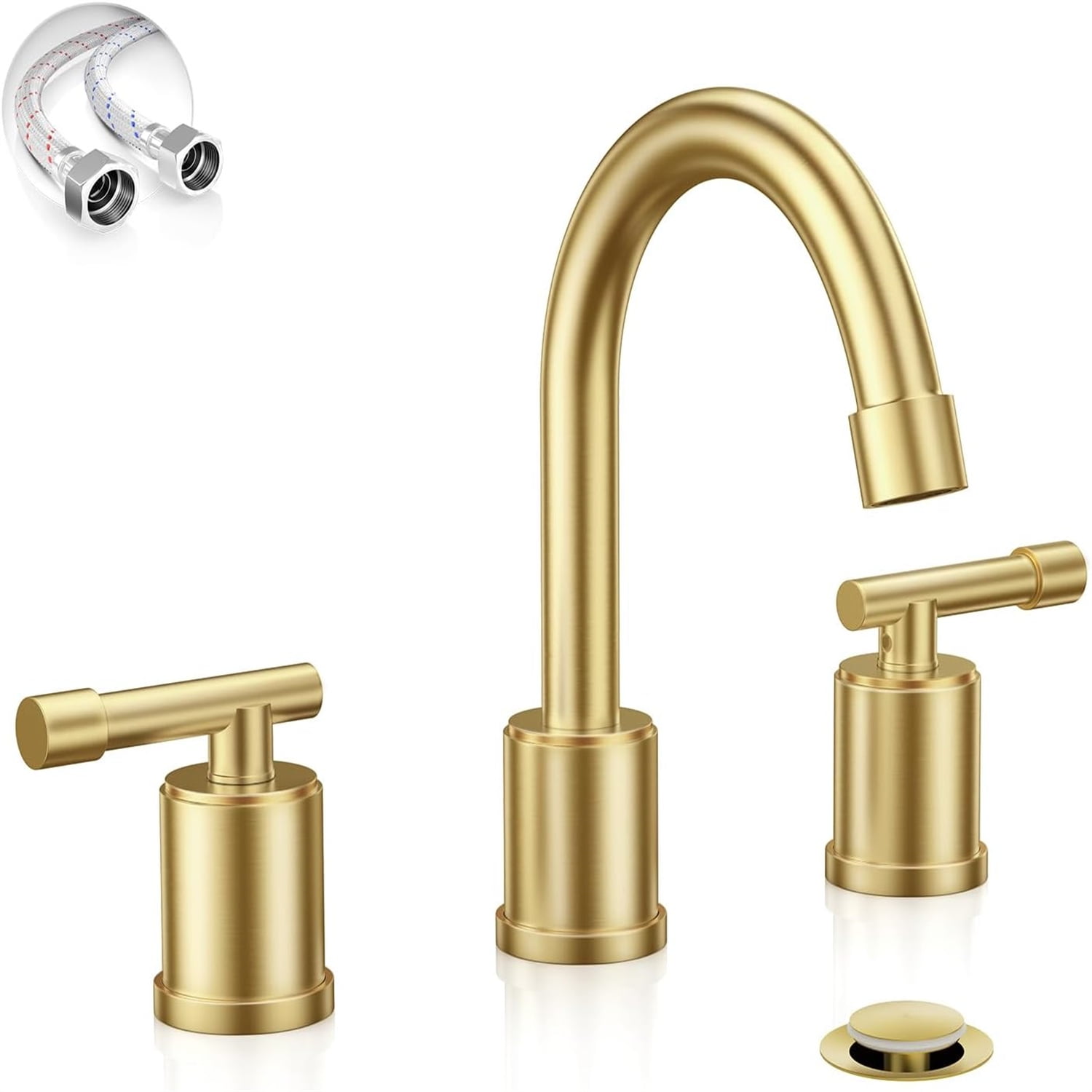 Brushed Gold Widespread 8 Inch Bathroom Faucet，3 Holes 2 Handles Modern Bathroom Sink Faucet with Metal Pop-Up Drain & Water Supply Line,WFZY01-BG