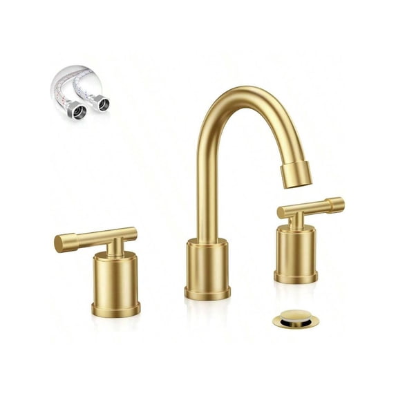 Brushed Gold Widespread 8 Inch Bathroom Faucet3 Holes 2 Handles Modern Bathroom Sink Faucet With Metal Pop-Up Drain Water Ply LineWFZY01-BG