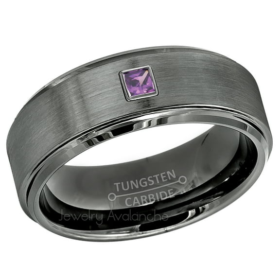 Brushed Gunmetal Tungsten Ring - 0.05ct Princess Cut Solitaire Amethyst Ring - Personalized Tungsten Wedding Ring - Custom Made February Birthstone Ring TN616x1AMT.05ct-s9.5