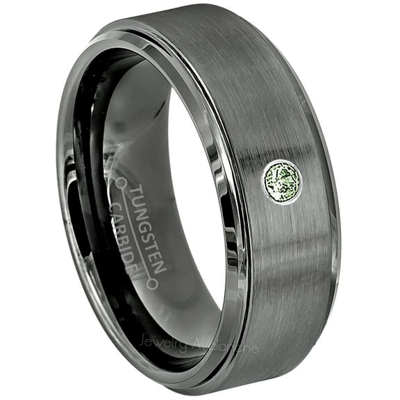 Brushed Gunmetal Tungsten Ring - 0.07ct Solitaire Green Tourmaline Ring - Personalized Tungsten Wedding Ring - Custom Made October Birthstone Ring TN616BS