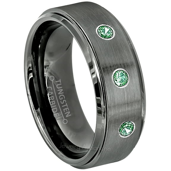 Brushed Gunmetal Tungsten Ring - 0.21ctw Emerald 3-stone Band - Personalized Tungsten Wedding Ring - Custom Made May Birthstone Ring TN616BS