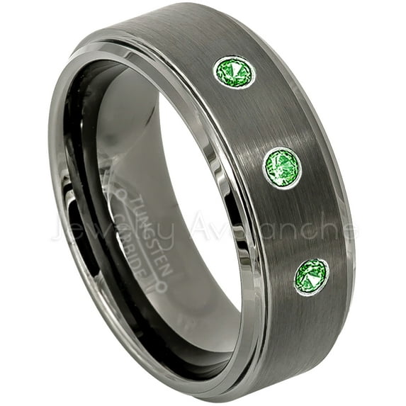Brushed Gunmetal Tungsten Ring - 0.21ctw Tsavorite 3-stone Band - Personalized Tungsten Wedding Ring - Custom Made January Birthstone Ring TN616BS