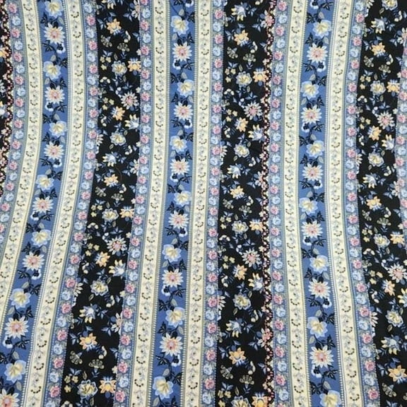 Brushed Ity Border Stripe Floral Black/Blue/Cream 60" Fashion Fabric By The Yard