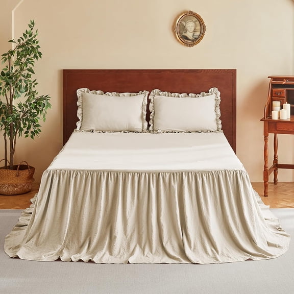 Brushed Microfiber Ruffle Skirt Bedspread Set Queen Size with 30 Inch Drop Linen Color