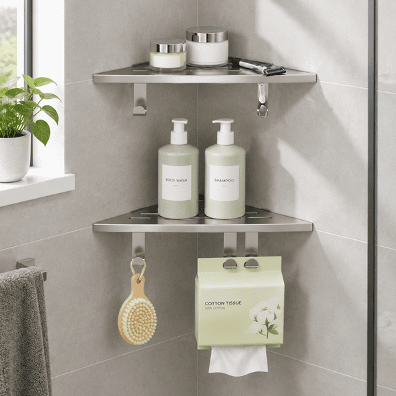 Brushed Nickel 10''-2PC Stainless Steel Corner Shower Shelves for Bathroom Storage