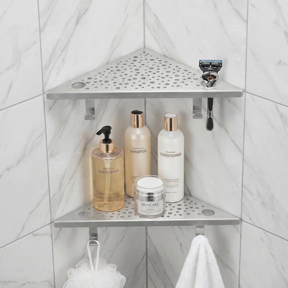 Brushed Nickel 10" Corner Shower Shelves with Hooks with and Holes 2 Pack, Silver