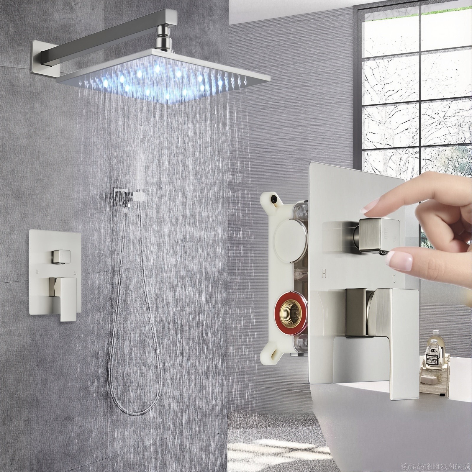 Brushed Nickel 12 inch LED Shower Faucet System Combo with Hand Shower ...